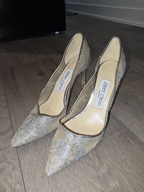 Jimmy Choo Metallic Silver Lace Bridal Heels